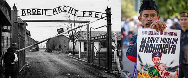 A concentration camp during world war two, and a recent protestor holding a sign that says save muslim rohingya