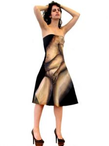 One of Thomann's capstone designs, a strapless dress featuring a painting of a larger nude body