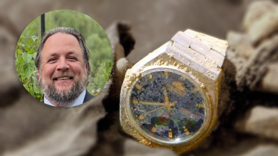 Cmdr. Jeff Sizemore headshot next to an image of a smashed watch