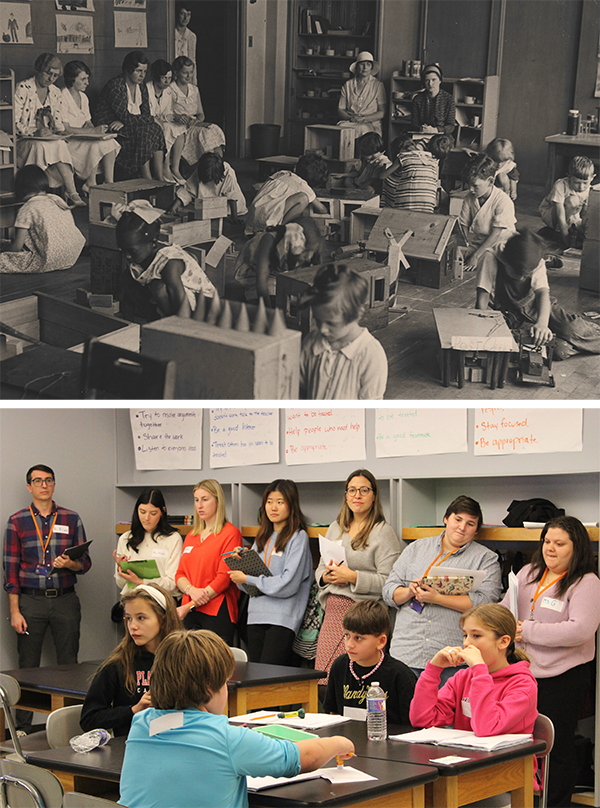 Two photos depicting trainee teachers observing a classroom, one from 1930s and the other from 2020s.