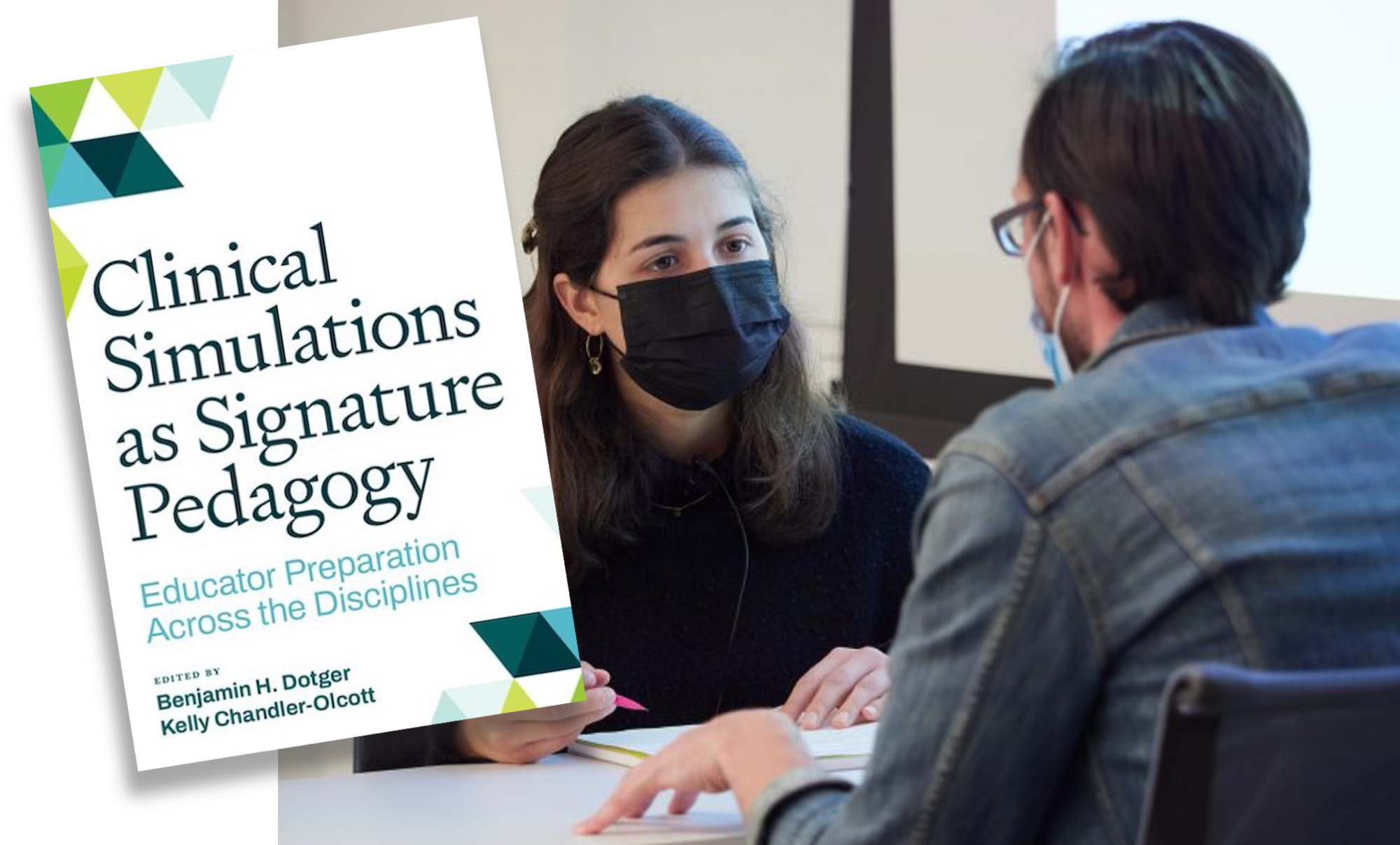 Clinical Simulations book cover and two SIMS students