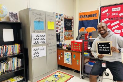 Teacher Jared Khan-Bagley in his classroom