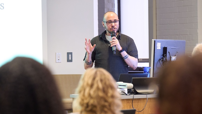 Jersey Cosantino speaks at a conference