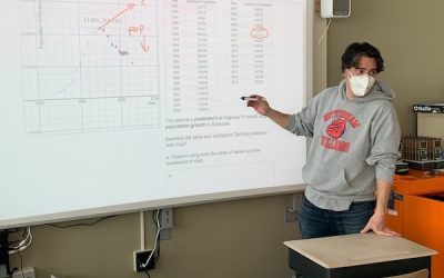 A teacher at a classroom whiteboard
