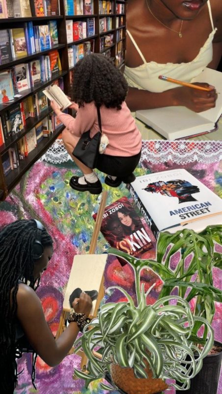 A collage of a black girl reading and books around her