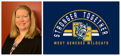 Sarah Gentile and the West Genesee school district logo