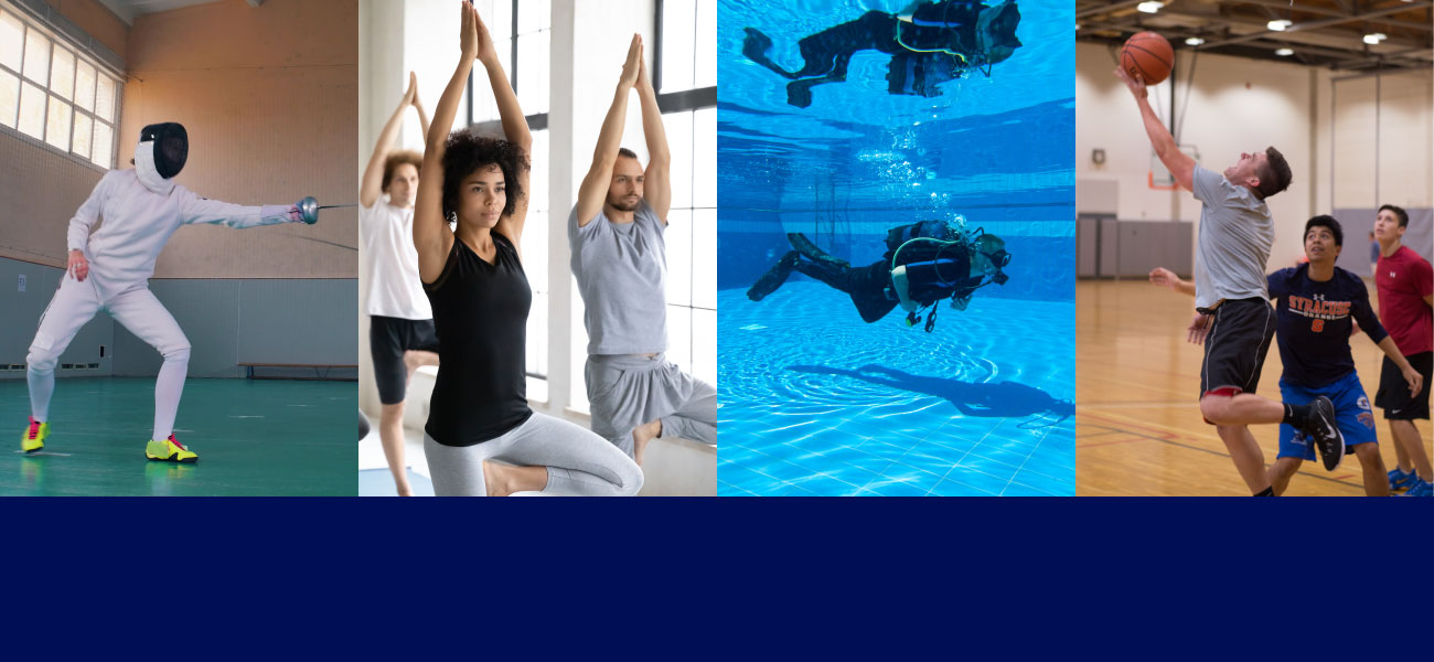students practicing fencing, yoga, scuba diving, and basketball