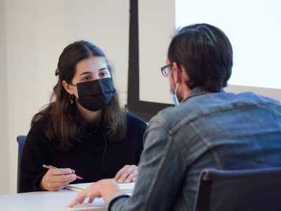 a female student and a male actor demonstrate a teacher preparation simulation